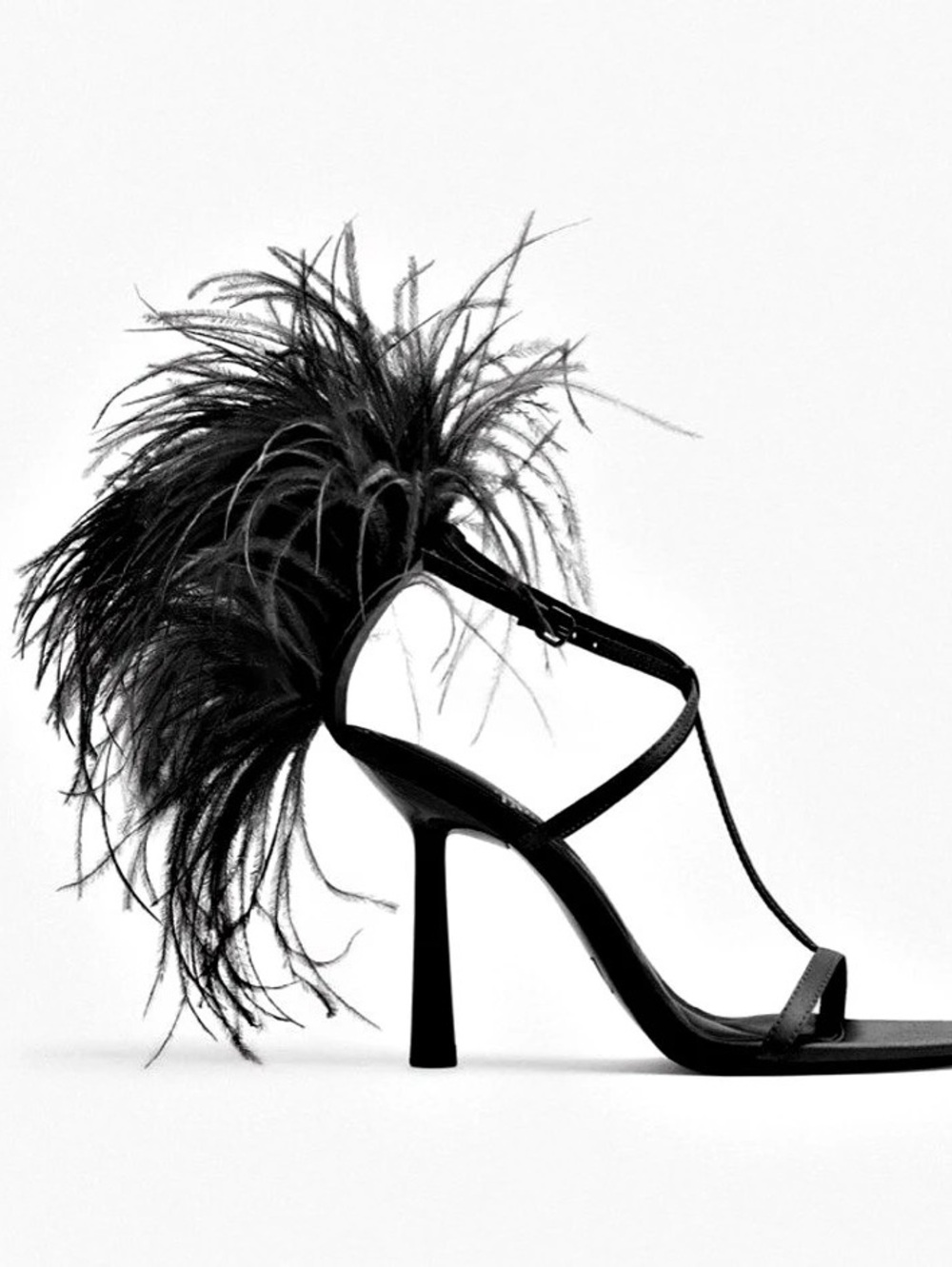 Zara Black Feather High Heel Sandals in Black